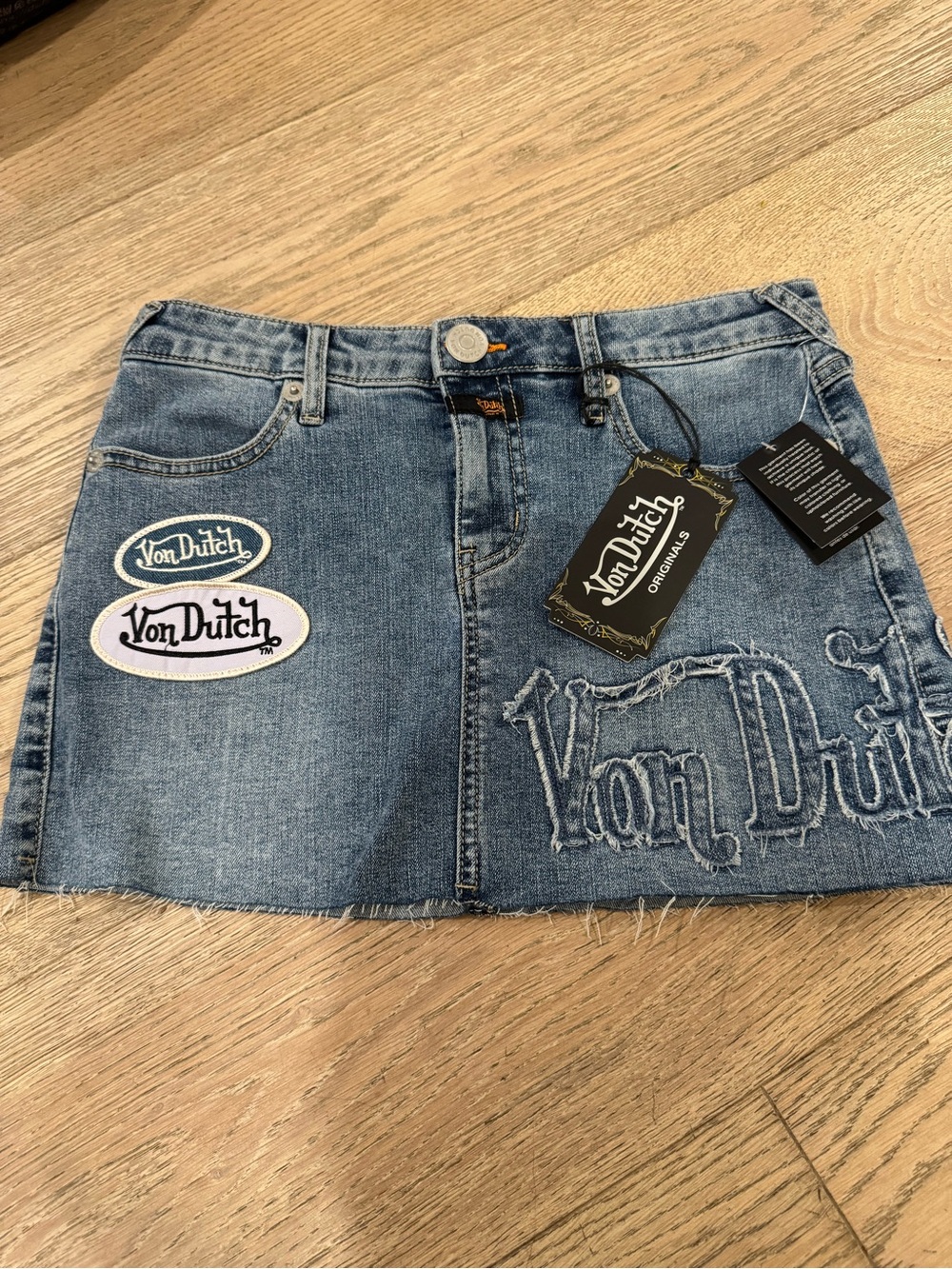 Von Dutch Y2K Denim Mini Skirt 1/25 Embroidered Logo Patch